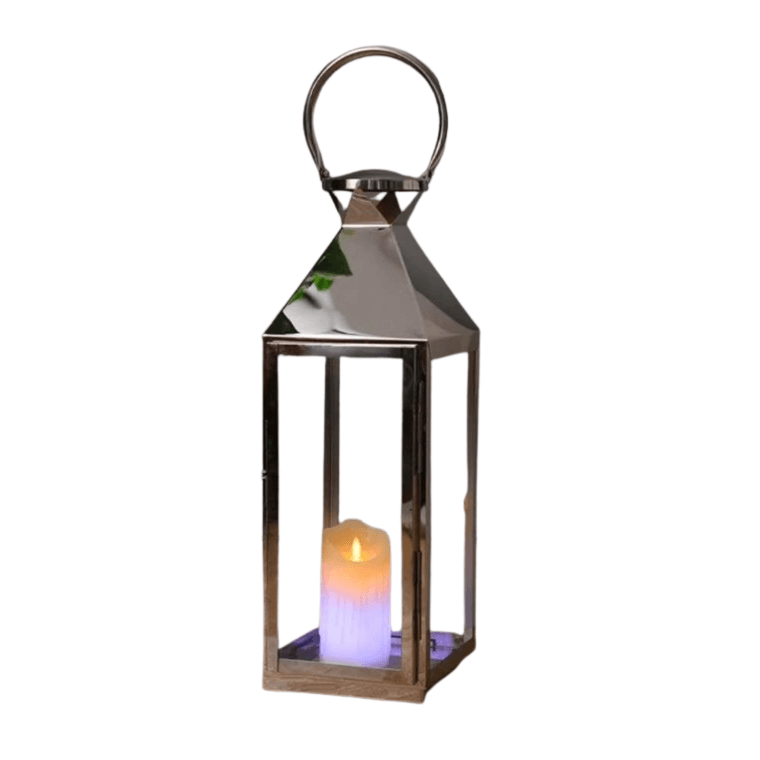 S.STEEL & GLASS LANTERN CANDLE HOLDER (POLISH)